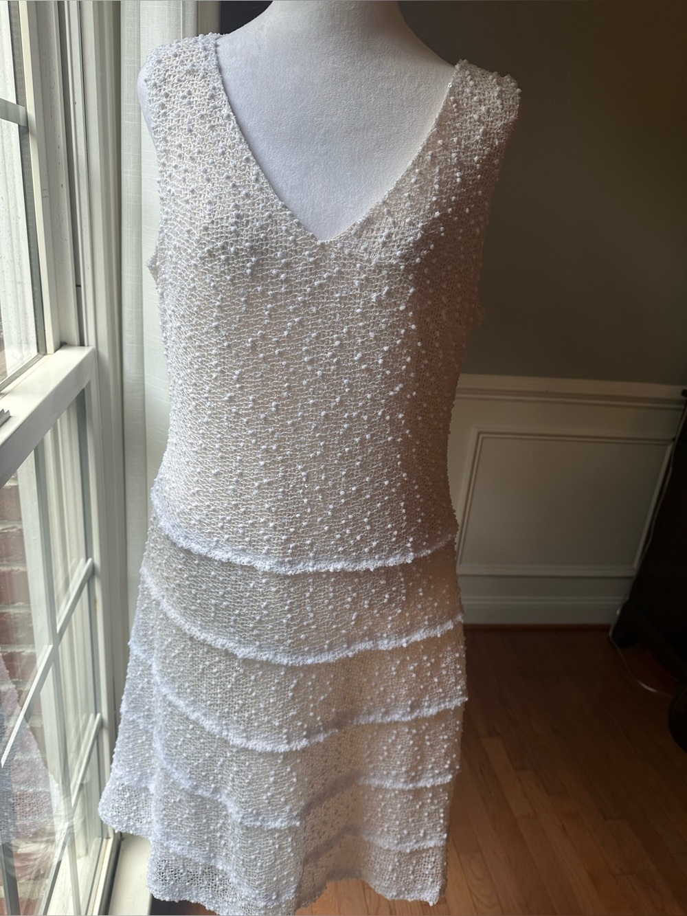 Nine West Ivory Pearl-Texture V-Neck Tiered Midi Dress